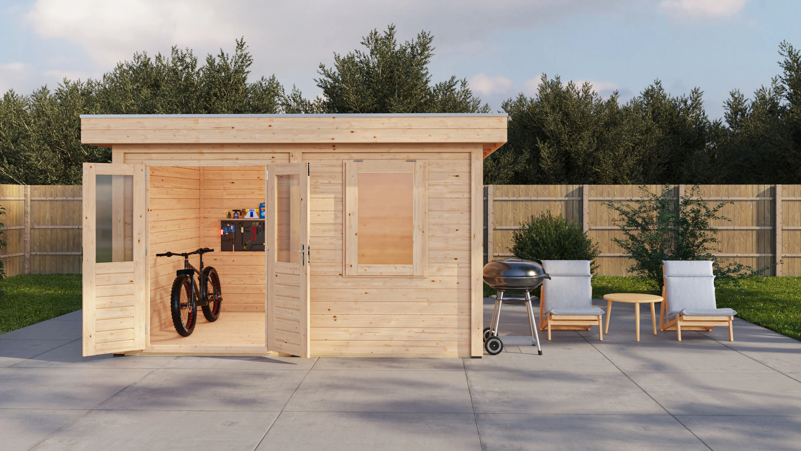 Lugarde Select Modern Gartendomizil Postdam 388 x 300 cm günstig bestellen – mittlere Gartenansicht, Tür offen Lugarde Select Modern Outdoor-Haus Postdam 388 x 300 cm, Gartenansicht aus mittlerer Perspektive mit geöffneter Tür in transparenter Ausführung, günstig kaufen