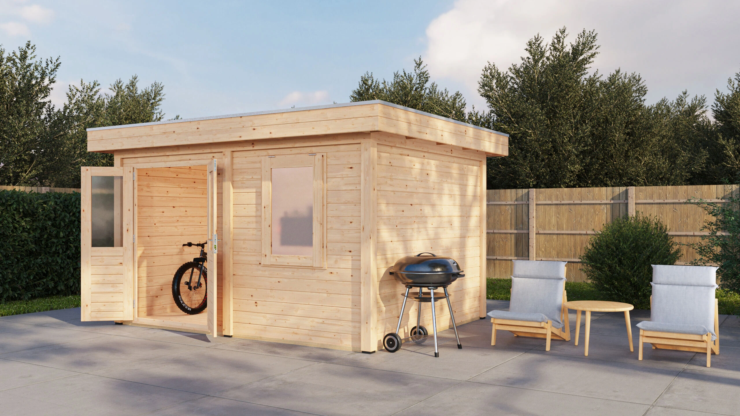 Postdam Lugarde Select Modern Outdoor-Haus – rechte Seitenansicht, Tür offen – Transparent Lugarde Select Modern Holzhaus Postdam 388 x 300 cm von rechts mit geöffneter Tür in transparenter Holzoptik, preiswert bestellen