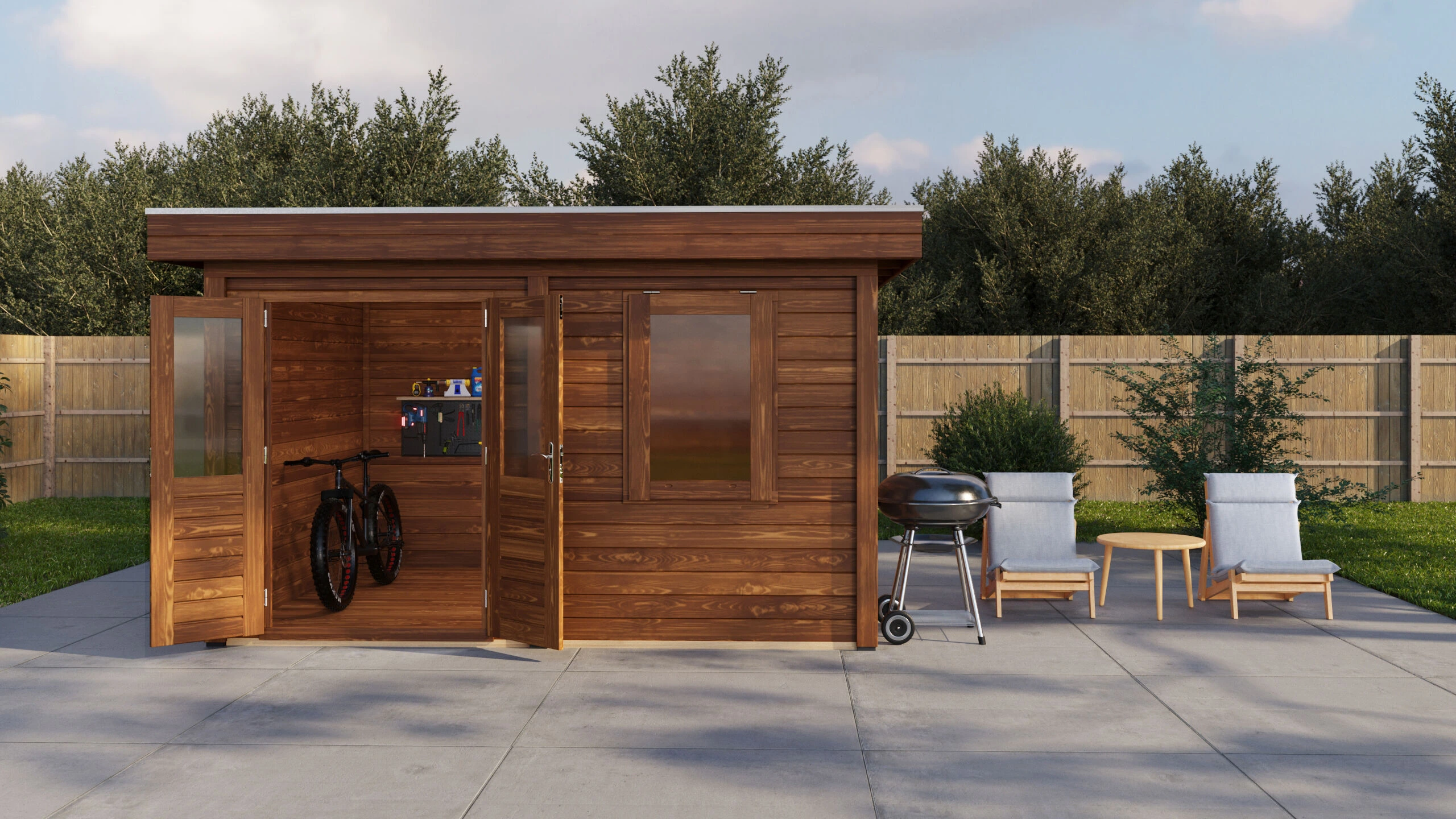 Lugarde Select Modern Outdoor-Haus Postdam 388 x 300 cm günstig bestellen – mittlere Gartenansicht, Tür offen Ansicht 2 Lugarde Select Modern Outdoor-Haus Postdam 388 x 300 cm in brauner Ausführung, Gartenansicht aus mittlerer Perspektive mit geöffneter Tür, Ansicht 2, jetzt online kaufen