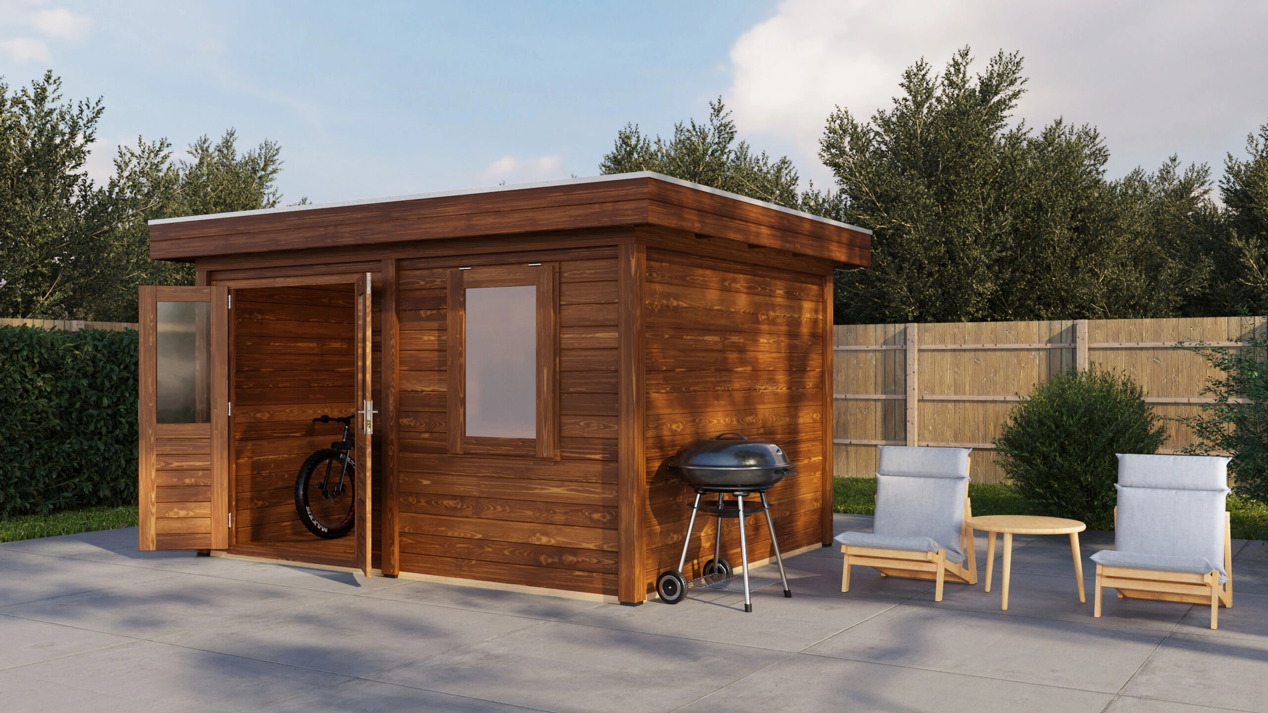 Lugarde Select Modern Postdam 388 x 300 cm – Braun – jetzt preiswert kaufen Lugarde Select Modern Holzhaus Postdam 388 x 300 cm in brauner Ausführung, rechte Gartenperspektive mit geöffneter Tür, preiswert online kaufen