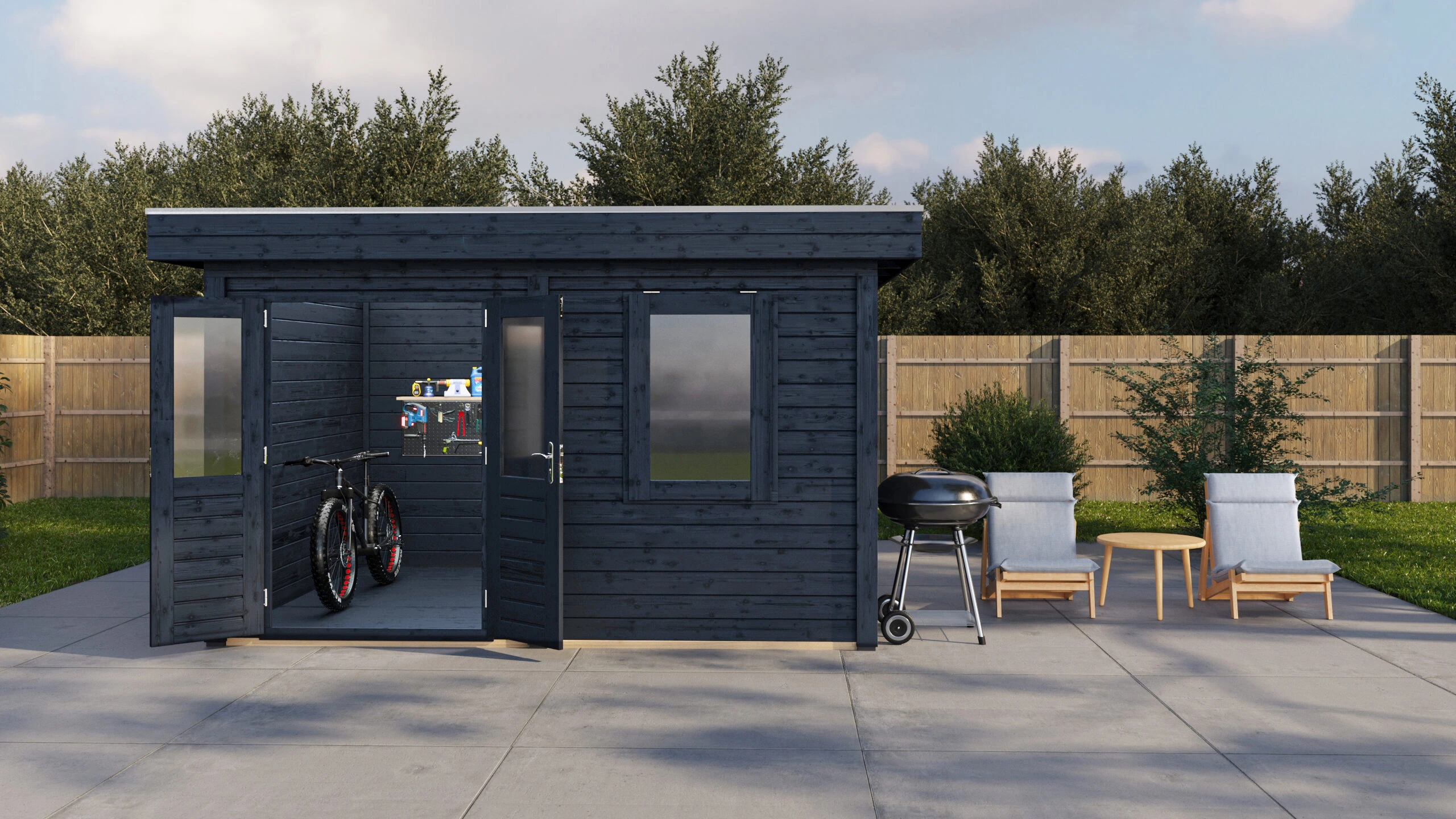Postdam Lugarde Select Modern Outdoor-Haus – mittlere Gartenansicht, Tür offen – Schwarz Ansicht 2 Lugarde Select Modern Outdoor-Haus Postdam 388 x 300 cm, Gartenansicht aus mittlerer Perspektive mit geöffneter Tür in schwarzer Ausführung, Ansicht 2, günstig kaufen