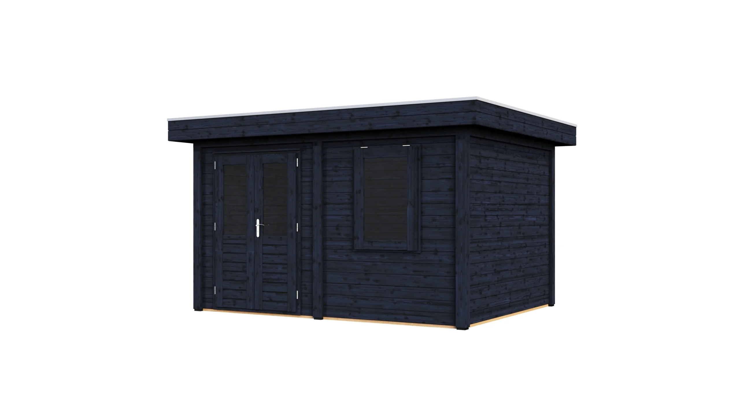 Postdam Lugarde Select Modern Gartengebäude – Freisteller von rechts, Tür geschlossen – Schwarz Lugarde Select Modern Gartenhaus-Modell Postdam 388 x 300 cm als rechte Produktansicht mit geschlossener Tür in schwarzer Holzoptik, preiswert bestellen